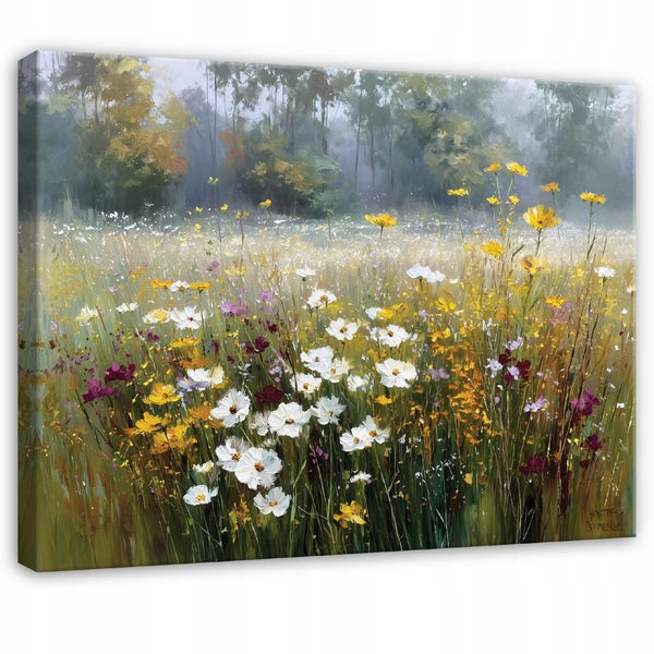 Wandbild als Leinwanddruck mit einem impressionistischen Gemälde einer Blumenwiese vor einem Wald im Nebel.