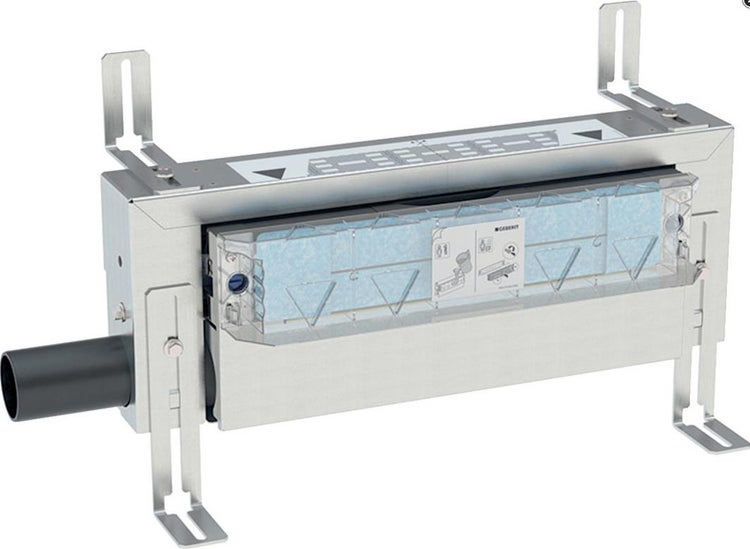 Geberit Duschrinnen-Grundkörper für Wandablauf aus Edelstahl mit höhenverstellbaren Montagefüßen und Anschlussstutzen.