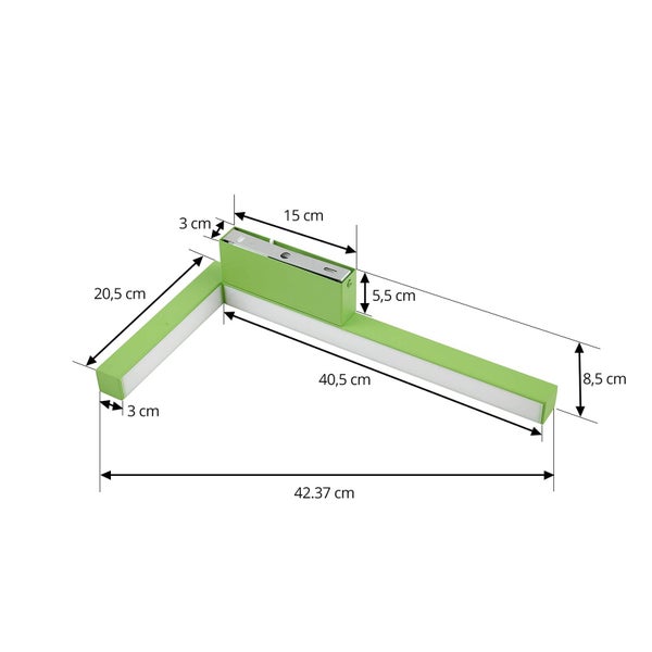 Grüne L-förmige LED-Wandleuchte mit Maßen: Arme 40,5 und 20,5 Zentimeter, Gesamtbreite 42,37 Zentimeter, Tiefe 8,5 Zentimeter.