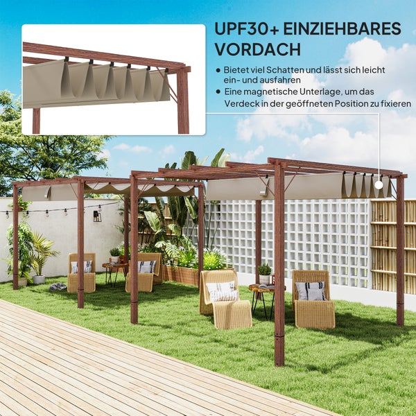 Outsunny Pergola ca. 3x3m Garten Pavillon mit magnetischen Pad, Terrassendachung aus Aluminium, Gartenpavillon mit verstellbares Dach, Freistehend, UV Schutz 30+, für Terrasse und Garten, Naturholz