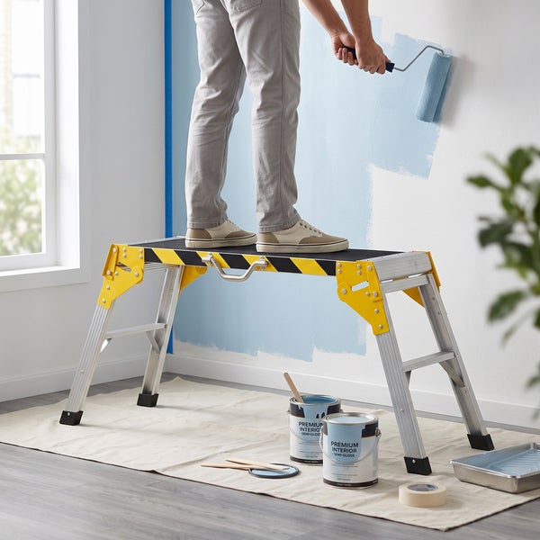 Person steht auf einem Arbeitsbock und streicht eine Wand mit einer Farbrolle, Malereibedarf steht auf einer Abdeckfolie am Boden bereit.