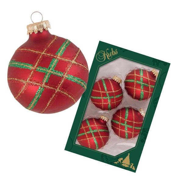 Rot matt 7cm Glaskugel mit Karomuster handdekoriert, 4 Stck., Weihnachtsbaumkugeln, Christbaumschmuck, Weihnachtsbaumanhänger