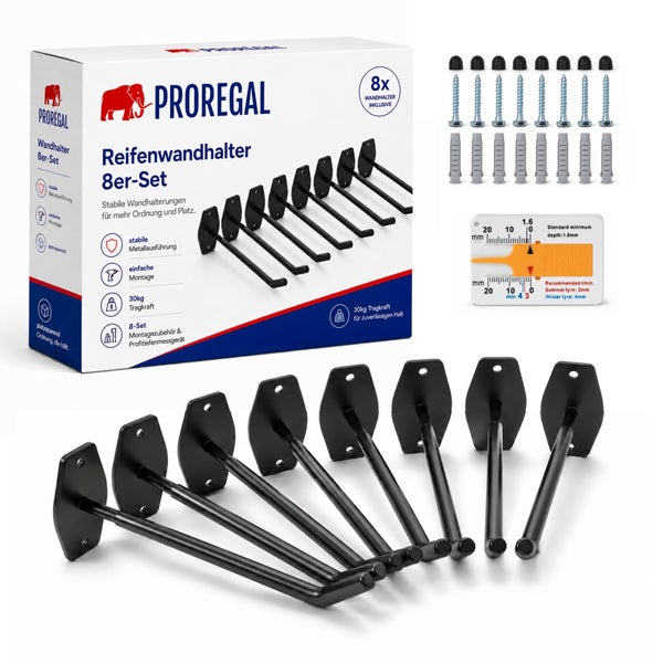 Proregal Reifenwandhalter Set mit 8 Wandhalterungen inklusive Montagematerial und Reifenprofiltiefenmesser
