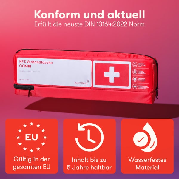 PURAHELP KFZ Kombitasche nach aktueller Norm 2024 DIN 13164 (StVO konform) - Inkl. Warndreieck, Warnweste - Verbandskasten Warndreieck Set Verbandskasten Auto 2024