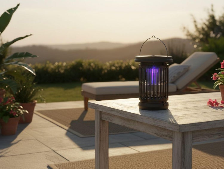 Elektrischer Insektenvernichter mit UV-Licht auf einem hellen Holztisch im Garten bei Sonnenuntergang mit einer Sonnenliege und Pflanzen.