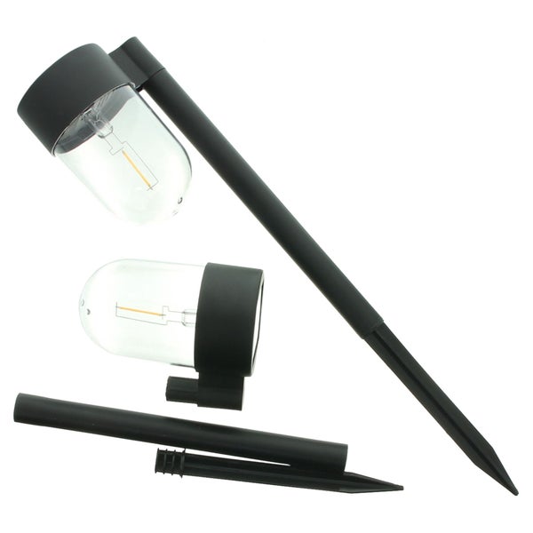 Schwarze Solar-Gartenleuchte mit Filament-LED und Erdspieß, dargestellt im zusammengebauten Zustand und in Einzelteilen.