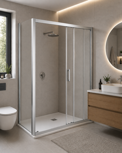Moderne Dusche mit Schiebetür und ebenerdiger Duschwanne in einem stilvoll eingerichteten Badezimmer mit Fliesen und Holzwaschtisch.