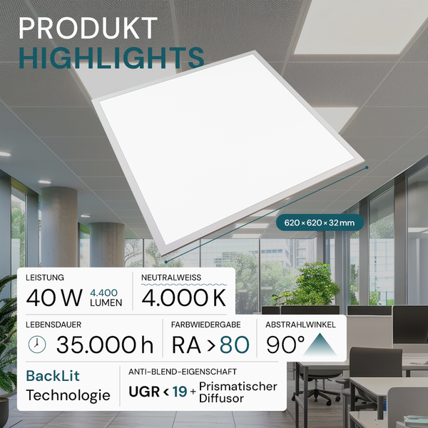 Produkt-Highlights: Deckenleuchte mit den Maßen 620 x 620 x 32 mm, 40 Watt Leistung, 4400 Lumen, neutralweißes Licht mit 4000 Kelvin, Lebensdauer 35000 Stunden, Farbwiedergabe RA größer 80, Abstrahlwinkel 90 Grad, Backlit Technologie, Anti-Blend-Eigenschaft UGR kleiner 19, prismatischer Diffusor