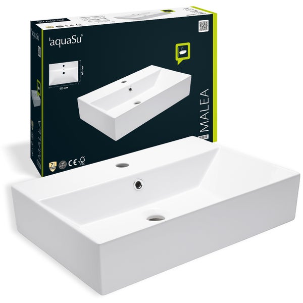 aquaSu® Moderner Waschtisch Malea 60 cm | Design-Waschbecken mit Überlauf und Hahnloch | Hänge-Waschbecken modern | Waschtisch wandhängend | 60 x 42 cm | Sanitärkeramik in weiß | 562300