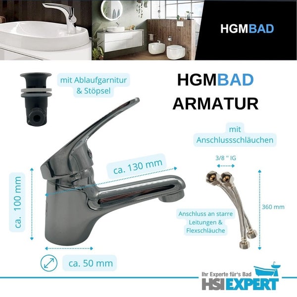 HGMBAD Armatur mit Ablaufgarnitur, Stöpsel und Anschlussschläuchen mit Größenangaben