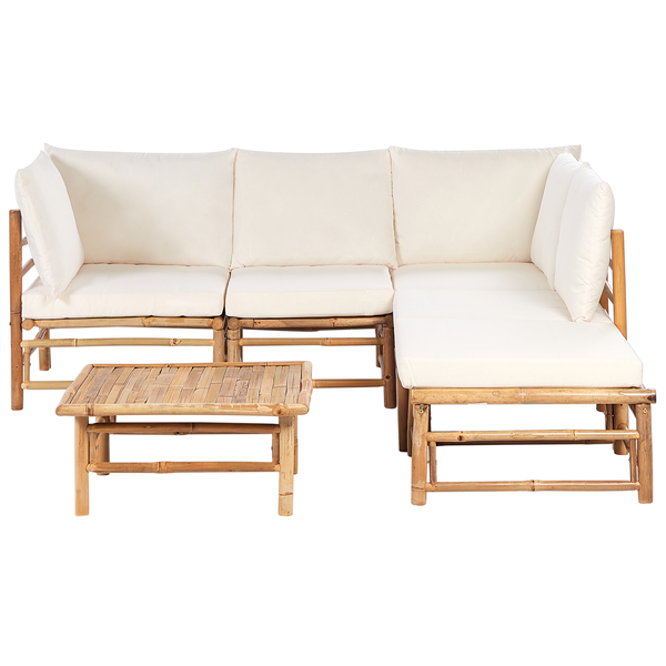 Garten Ecksofa mit Tisch 5-Sitzer CERRETO linksseitig Bambusholz Cremeweiß