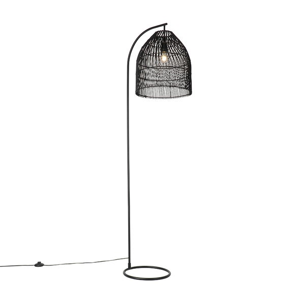 QAZQA - Landhaus I Vintage Ländliche Stehlampe schwarz mit Rattan - Sam I Wohnzimmer I Schlafzimmer - Stahl Länglich - LED geeignet E27