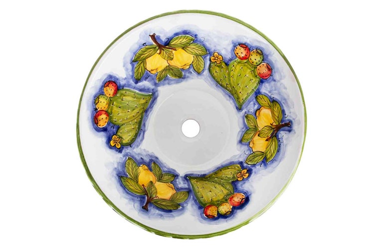 Rundes Keramikwaschbecken mit handgemalten Motiven von Zitronen und Feigenkakteen.