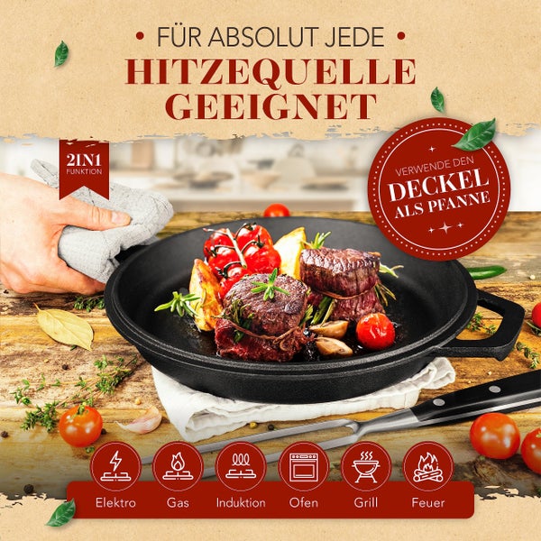 KRUSTENZAUBER Gusseisen Topf [inkl. Fleischgabel] - Robuster 26cm Gusseisen Bräter mit Deckel Backofengeeignet - Ideal als Schmortopf Induktion, Dutch Oven Set, Kazan, Cast Iron Pot, Kochtopf