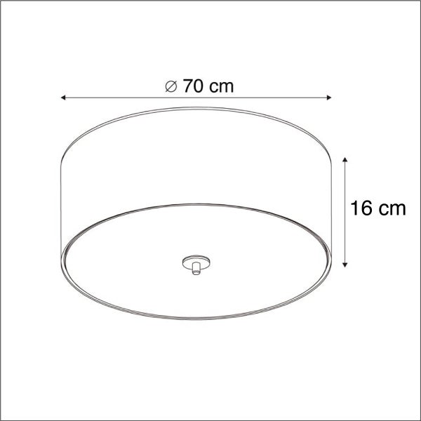 Maßzeichnung einer runden Deckenleuchte mit einem Durchmesser von 70 Zentimetern und einer Höhe von 16 Zentimetern.