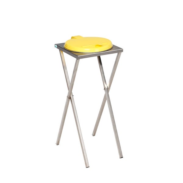 Müllsackständer aus Metall mit rundem, gelbem Kunststoffdeckel und klappbarem Scherengestell.