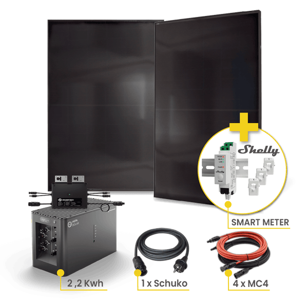 Komponenten einer Solaranlage mit Solarmodulen, Wechselrichter, Stromkabel und Smart Meter