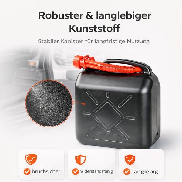 Schwarzer Reservekanister aus Kunststoff mit rotem Ausgießer