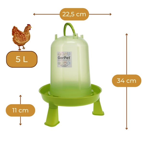 GarPet Geflügeltränke aus Kunststoff mit GarPet Logo, 5 Liter, Breite 22,5 Zentimeter, Gesamthöhe 34 Zentimeter, Fußhöhe 11 Zentimeter.