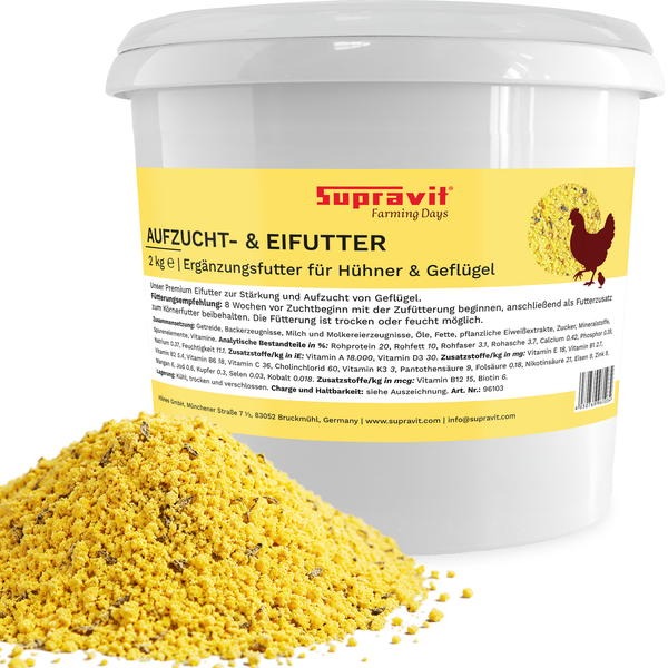 Supravit Aufzucht- und Eifutter für Hühner und Geflügel im 2 Kilogramm Eimer zur Stärkung der Tiere.