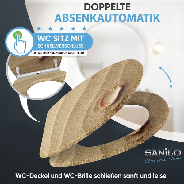 WC-Sitz von SANILO mit Sand- und Muschelmotiv, doppelter Absenkautomatik und Schnellverschluss zum einfachen Abnehmen.