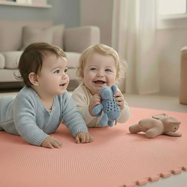 Zwei Babys spielen auf einer strukturierten Puzzlematte aus Schaumstoff in einem hellen Wohnzimmer.