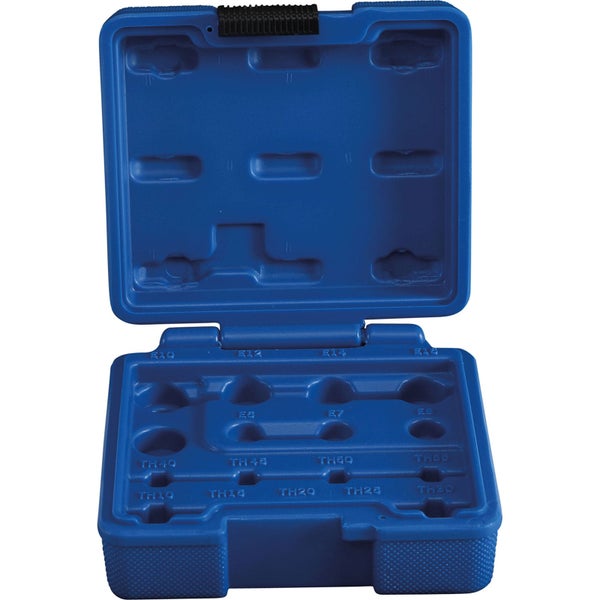 Blauer, geöffneter Kunststoffkoffer für Steckschlüsselsätze mit passgenauen Aussparungen und Beschriftungen.