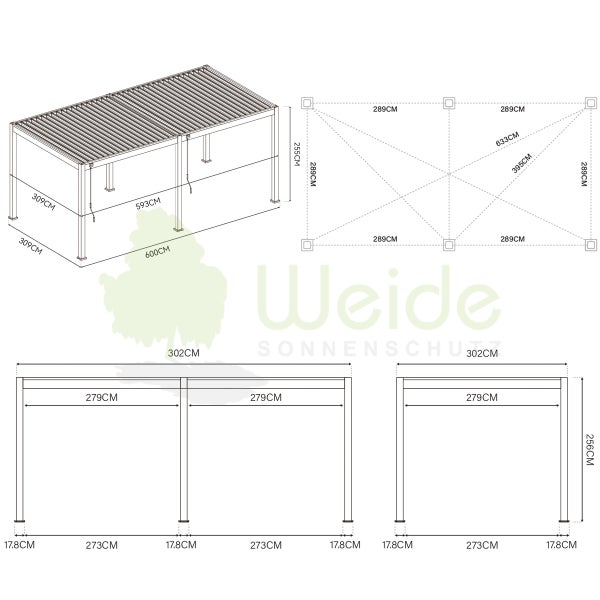 Weide Deluxe Pergola 3 x 6 M - Freistehend, Voll-Aluminium, Lamellendach, Weiß
