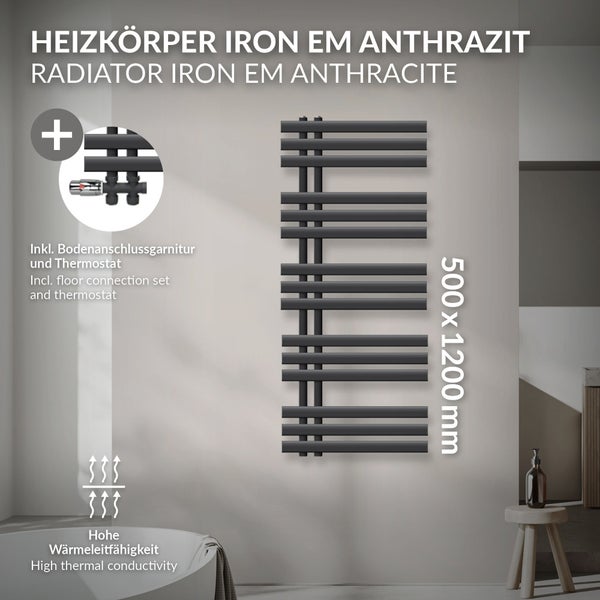 LuxeBath Badheizkörper Iron EM 500x1200 mm Anthrazit Mittelanschluss mit Anschlussgarnitur Thermostat Durchgang Boden, Design Heizkörper Bad Heizung Handtuchwärmer Handtuchtrockner Handtuchheizkörper