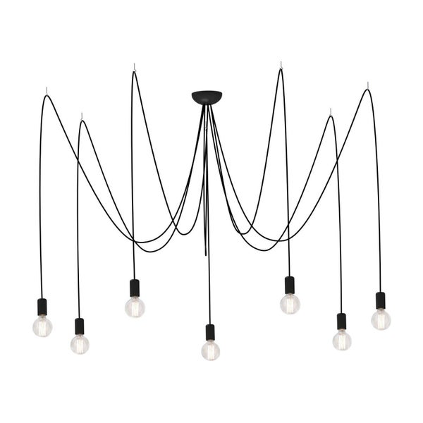 Siebenflammige Pendelleuchte im Spider-Design mit schwarzen Kabeln und klaren Leuchtmitteln.