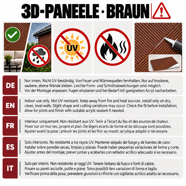 Infografik für 3D Wandpaneele mit Montagehinweisen, Warnhinweisen zur UV-Beständigkeit und Hitze sowie Anweisungen zur Verklebung im Innenbereich.