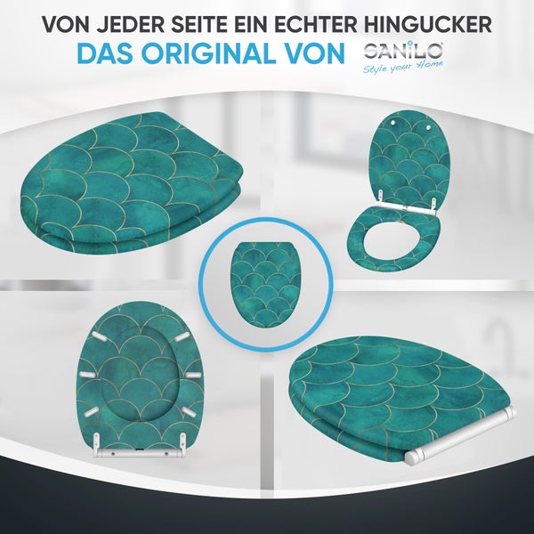 Sanilo WC Sitz mit Fischschuppen Muster in verschiedenen Ansichten für die Badgestaltung