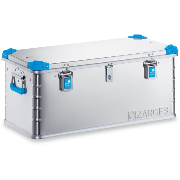 Zarges Eurobox aus Aluminium mit blauen Eckverstärkungen und Verschlüssen