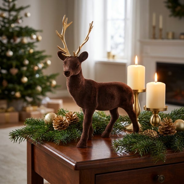 Weihnachtsdekoration mit einer Rentierfigur, Tannenzweigen, Kiefernzapfen und zwei brennenden Kerzen auf einem Holztisch vor einem geschmückten Baum.
