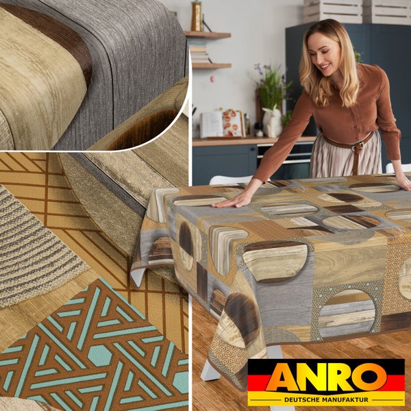 Tischdecke mit geometrischen und Holz-Mustern in einer Küchenszenen, Anro Deutsche Manufaktur Logo