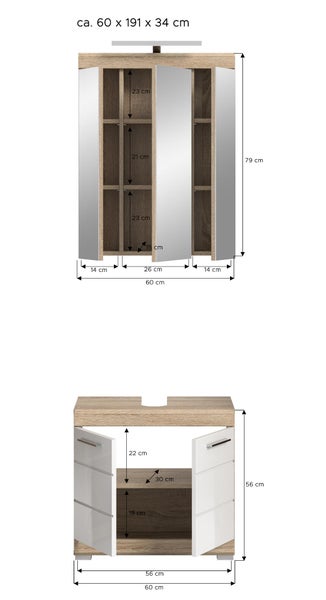Maßskizze für Spiegelschrank und Waschbeckenunterschrank. Gesamtmaße circa 60 mal 191 mal 34 Zentimeter.