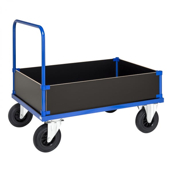 Kongamek Kastenwagen in blau 1200x800x900mm mit verzinkter Ladefläche, Schiebegriff und 4 Wänden 400mm hoch mit Gummibereifung ohne Bremse