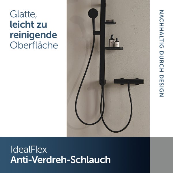 Schwarze Duscharmatur mit Ablageflächen zur Wandmontage