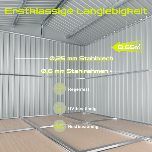 Innenansicht eines Gerätehauses mit den Eigenschaften: 0,25 Millimeter Stahlblech, 0,6 Millimeter Stahlrahmen, 8,65 Quadratmeter Fläche, regenfest, UV-beständig, rostbeständig