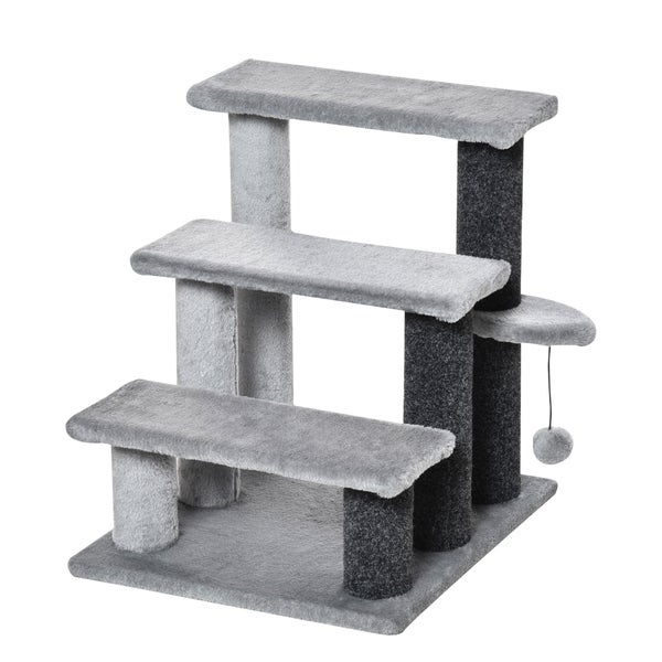 PawHut Katzentreppe 3-stufige Haustiertreppe mit Kratzsäulen Ball Hundetreppe Tiertreppe für Katzen bis 5 kg Plüsch Jute Grau 45 x 40 x 48 cm