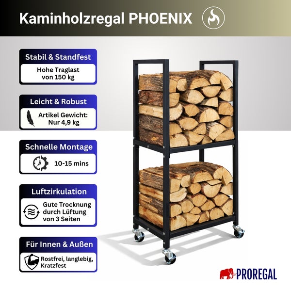 Kaminholzregal Phoenix aus Metall mit Rollen, zwei Ebenen für Brennholz, Traglast 150 Kilogramm, rostfrei, Proregal Logo.