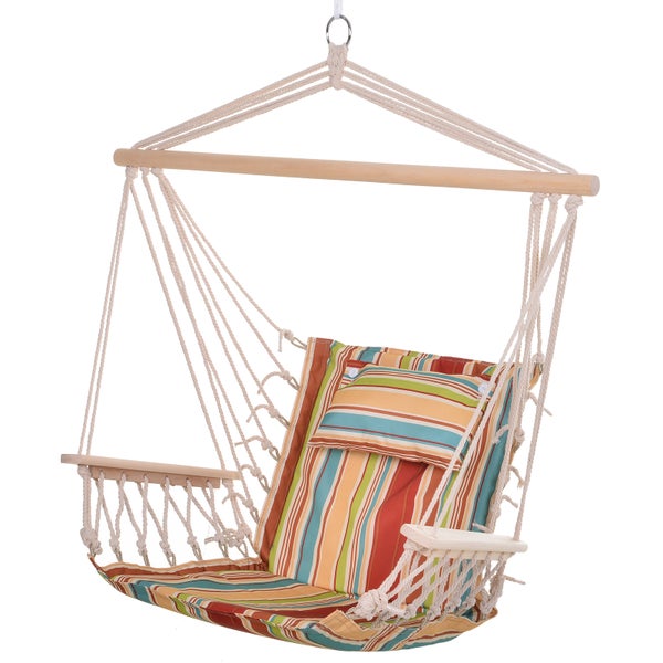 Outsunny Hängesessel Hängeschaukel mit Querstrebe und Kissen Deckenhaken Gestell Hängestuhl bis 100kg belastbar Hängesitz für Indoor Outdoor Garten Terrasse Mehrfarbig