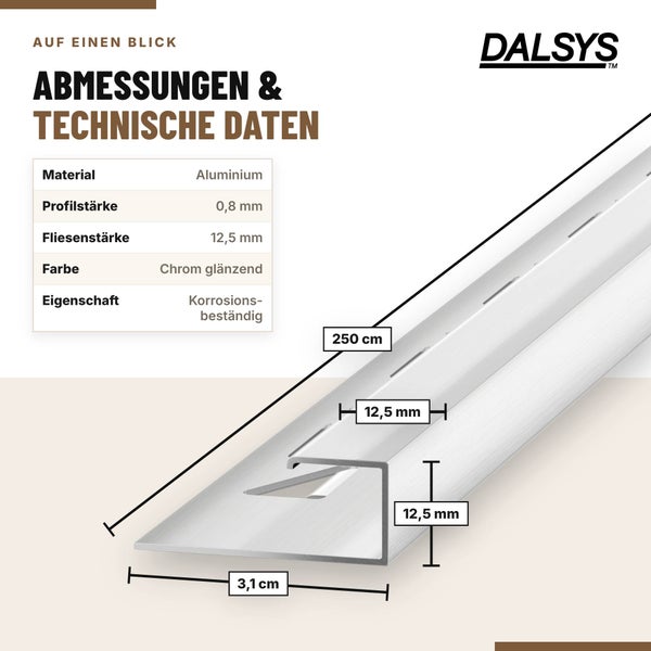 Dalsys Fliesenprofil aus Aluminium mit 12,5 mm Fliesenstärke, 250 cm Länge und 3,1 cm Breite für den Fliesenschutz.