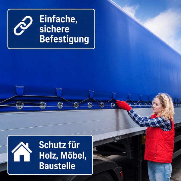 Person befestigt Abdeckplane an einem LKW Auflieger mit Hinweisen zu einfacher Befestigung und Schutz für Holz, Möbel und Baustellen.