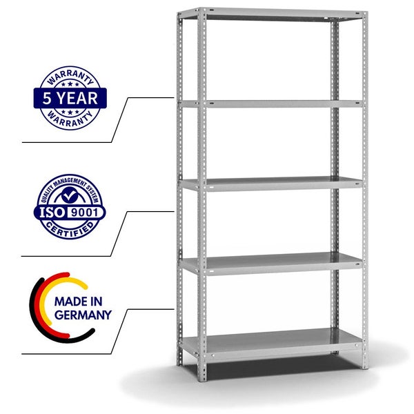 PROREGAL Fachbodenregal Schraubsystem Light-Duty Grundregal HxBxT 200 x 100 x 40 cm 5 Ebenen Fachlast 125 kg Beidseitig Nutzbar Verzinkt
