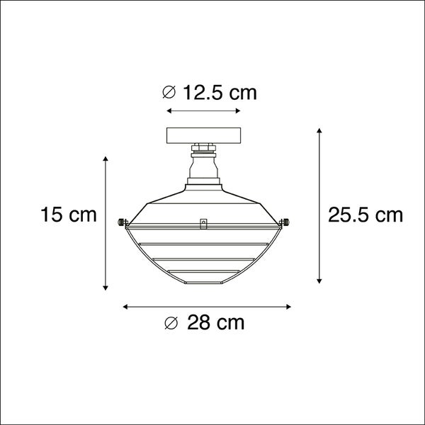Technische Zeichnung einer Deckenleuchte mit den Maßen: Durchmesser oben 12,5 cm, Durchmesser unten 28 cm, Höhe Lampenschirm 15 cm, Gesamthöhe 25,5 cm.