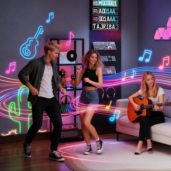 Moderner Hobbyraum mit drei jungen Leuten. Einer spielt Gitarre, zwei tanzen. Neon-Wandleuchten in Form von Noten und ein schwarzes Regal an der Wand.