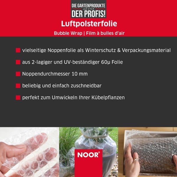 NOOR Luftpolsterfolie Rolle 0,5x3,0 m - Polsterfolie Noppenfolie Isolierfolie - recycelbare UV-beständige Kälteschutzfolie Frostschutzfolie für Kübelpflanzen - ideal für Versand, Verpackung, Umzug