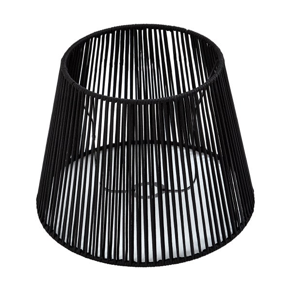 Konischer Lampenschirm aus schwarzen Textilschnüren.