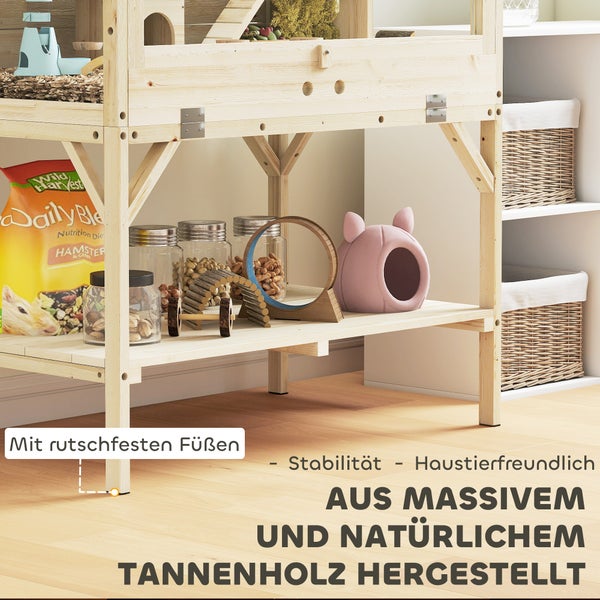 Kleintierstall aus massivem Tannenholz mit rutschfesten Füßen und praktischer Ablagefläche für Futter und Zubehör.